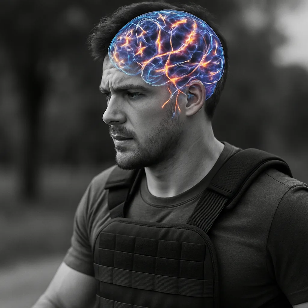 Homme concentré portant un gilet lesté, activité cérébrale illustrée