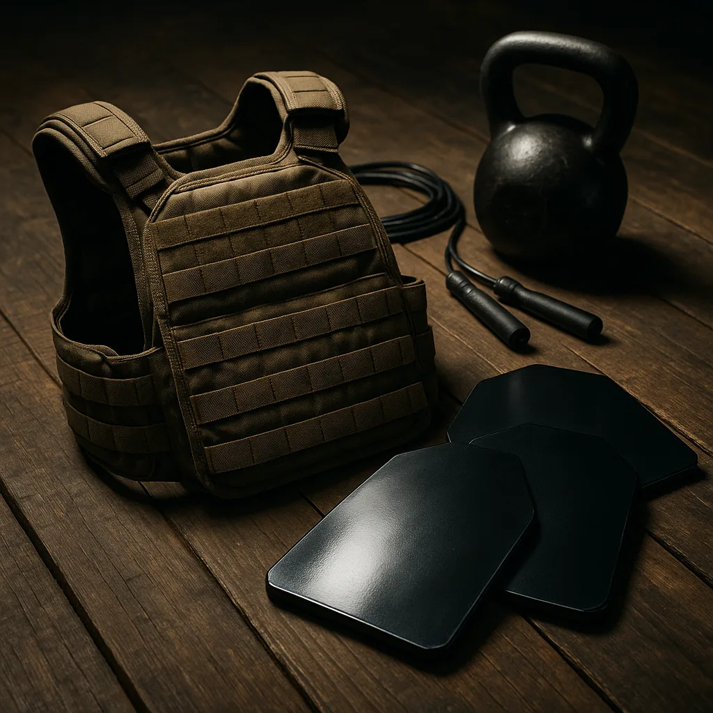 Plaques en acier noir posées devant un gilet lesté tactique, kettlebell et corde à sauter sur sol en bois — équipement pour entraînement intensif.